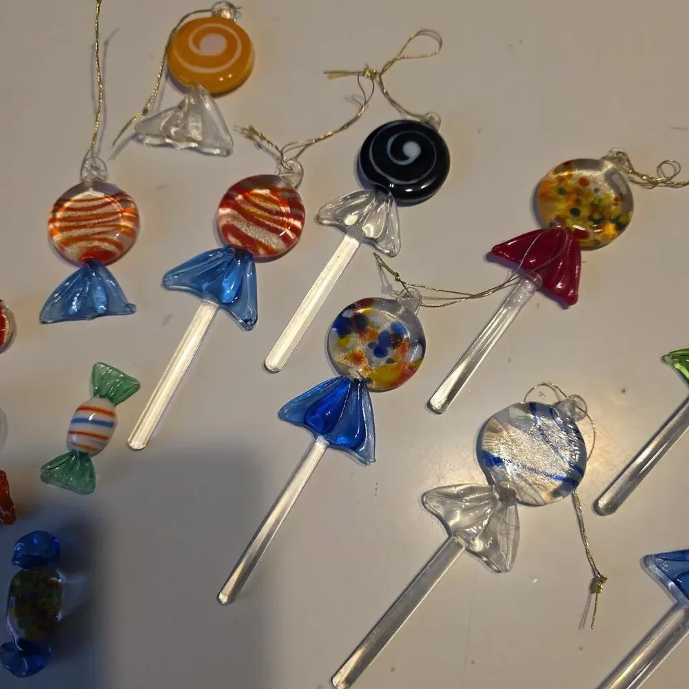 Set of 14 Vintage Murano Style Blown Glass Lollipop Ornament Christmas Candy Art